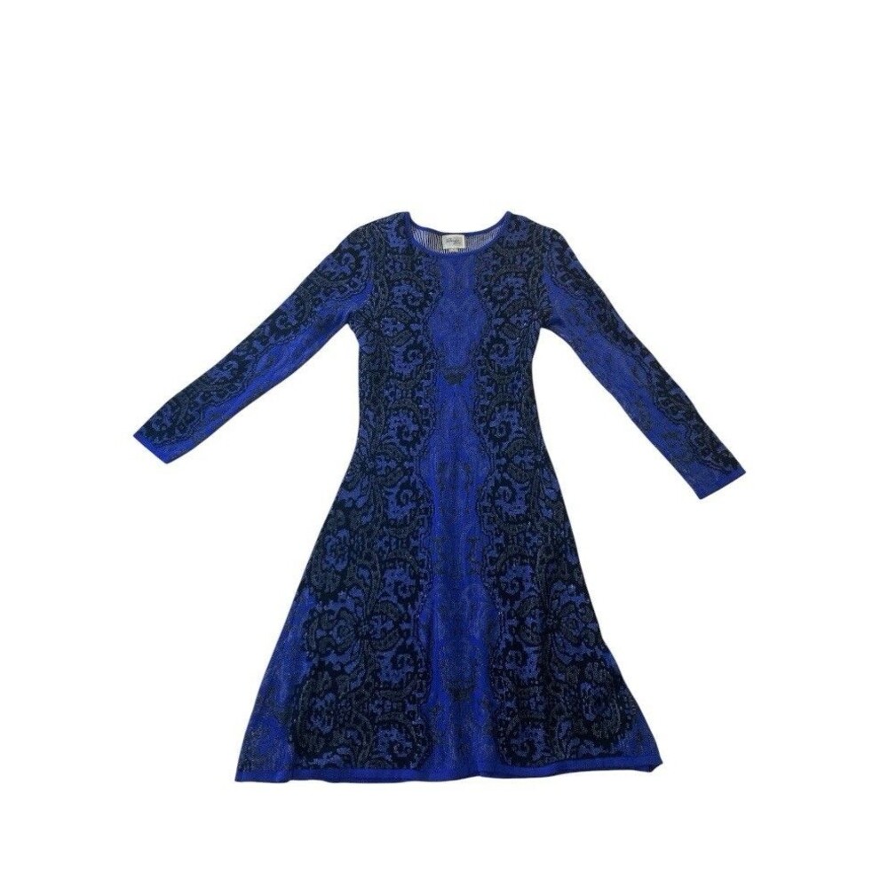 Beige by Eci Blue Black Pattern Knit Dress Women M Long Sleeve Cotton Fit& Flare